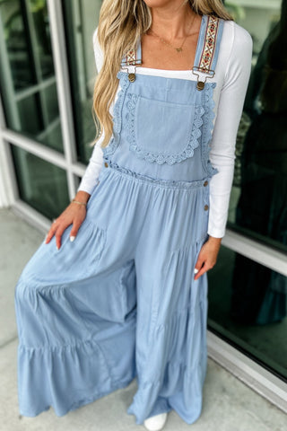 Free Spirit Lace Trim Wide Leg Overalls LIGHT BLUE - Simply Me Boutique