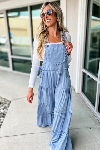 Free Spirit Lace Trim Wide Leg Overalls LIGHT BLUE - Simply Me Boutique