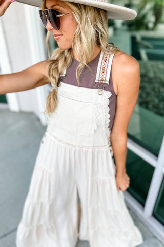 Free Spirit Lace Trim Wide Leg Overalls (Oatmeal/Cream) - Simply Me Boutique