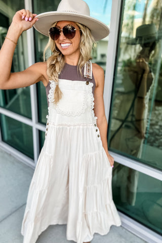 Free Spirit Lace Trim Wide Leg Overalls (Oatmeal/Cream) - Simply Me Boutique