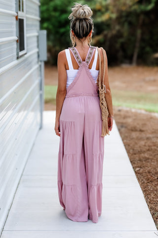 Free Spirit Lace Trim Wide Leg Overalls (Rose Pink) - Simply Me Boutique