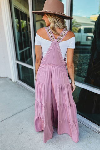 Free Spirit Lace Trim Wide Leg Overalls (Rose Pink) - Simply Me Boutique