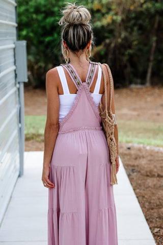 Free Spirit Lace Trim Wide Leg Overalls (Rose Pink) - Simply Me Boutique