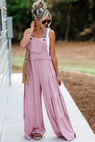 Free Spirit Lace Trim Wide Leg Overalls (Rose Pink) - Simply Me Boutique