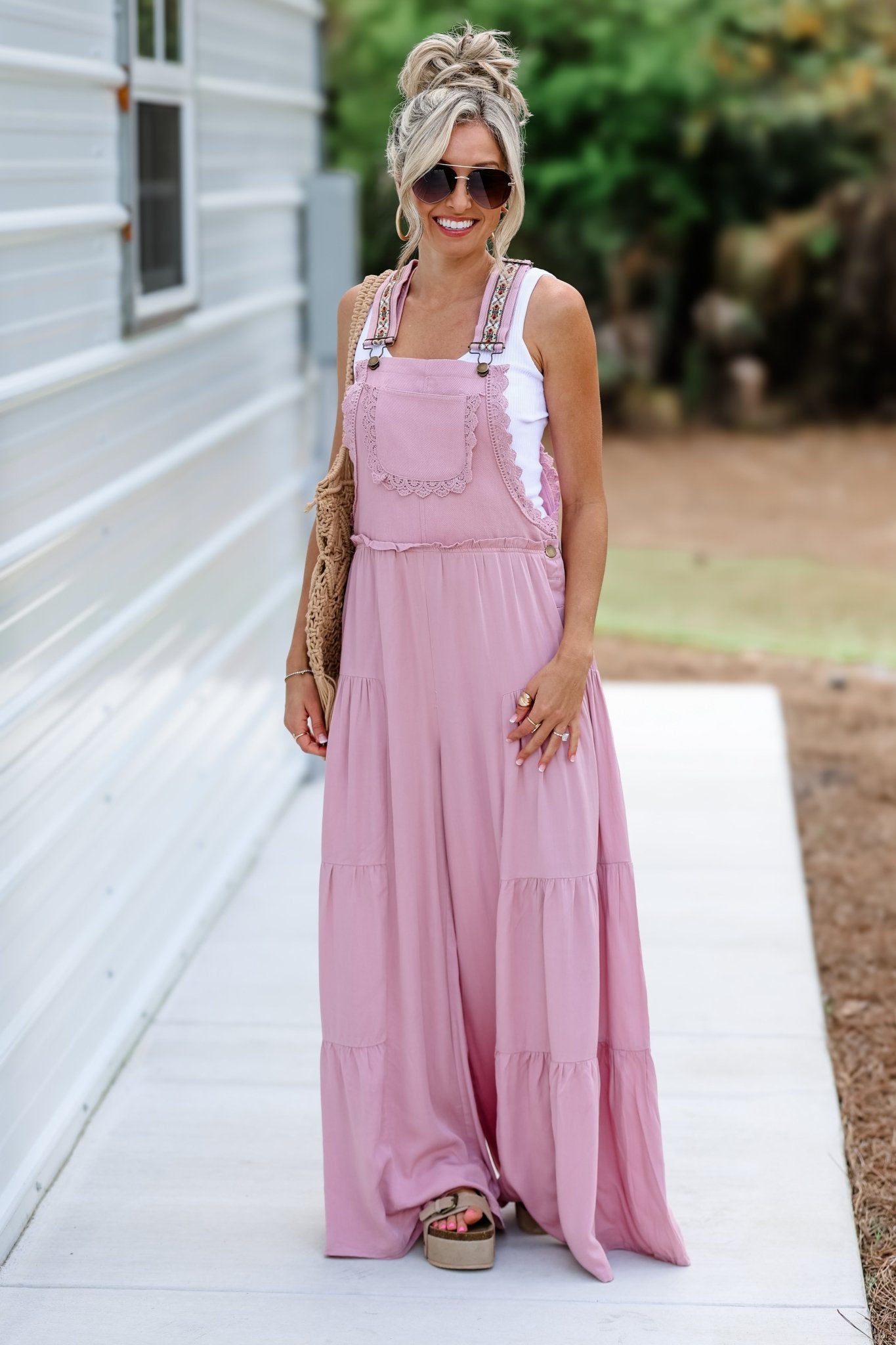 Free Spirit Lace Trim Wide Leg Overalls (Rose Pink) | Boho Style Outfit Simply Me Boutique Free Spirit Lace Trim Wide Leg Overalls (Rose Pink) | Boho Style Outfit Simply Me Boutique
