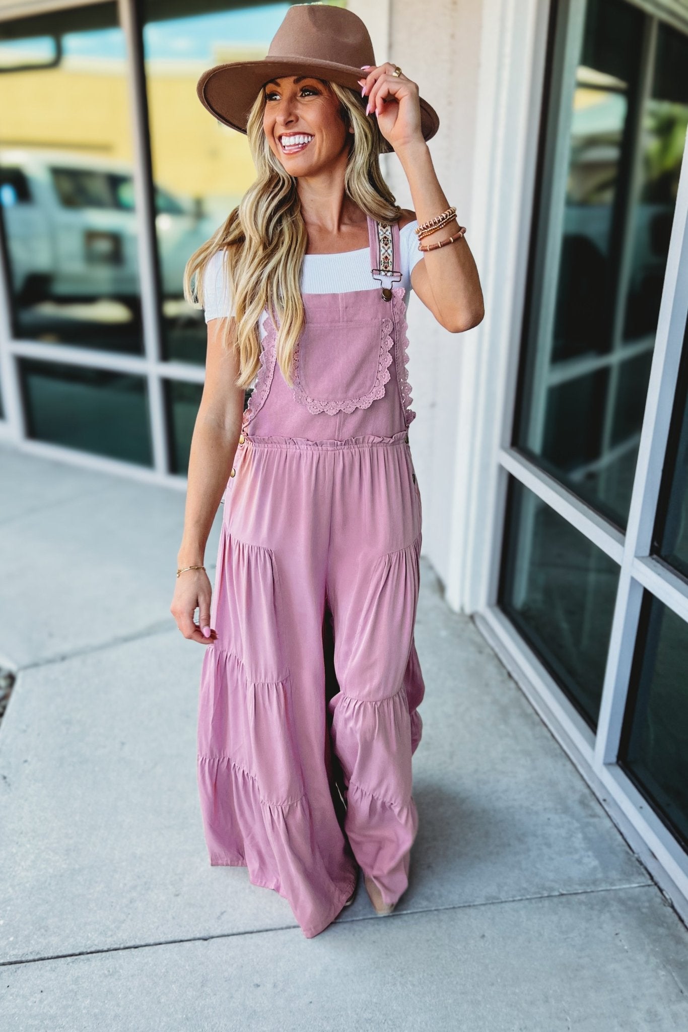 Free Spirit Lace Trim Wide Leg Overalls (Rose Pink) Free Spirit Lace Trim Wide Leg Overalls (Rose Pink)
