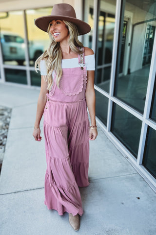 Free Spirit Lace Trim Wide Leg Overalls (Rose Pink) - Simply Me Boutique