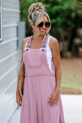 Free Spirit Lace Trim Wide Leg Overalls (Rose Pink) - Simply Me Boutique