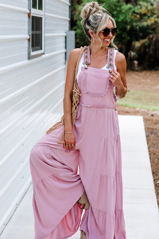 Free Spirit Lace Trim Wide Leg Overalls (Rose Pink) - Simply Me Boutique