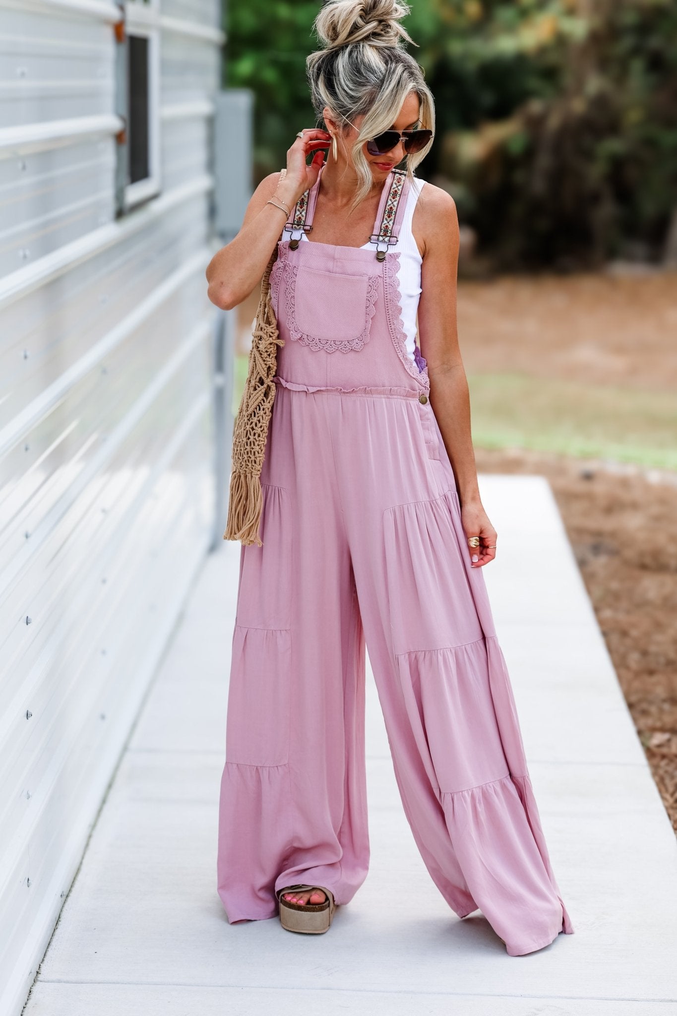 Free Spirit Lace Trim Wide Leg Overalls (Rose Pink) | Boho Style Outfit Simply Me Boutique Free Spirit Lace Trim Wide Leg Overalls (Rose Pink) | Boho Style Outfit Simply Me Boutique