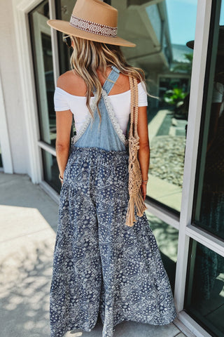Free Spirit Paisley Lace Trim Wide Leg Overalls - Simply Me Boutique