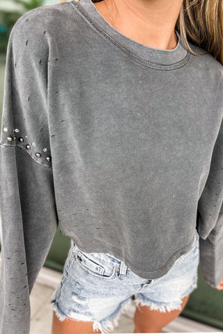 French Terry Studded Pullover Sweatshirt Top - Simply Me Boutique