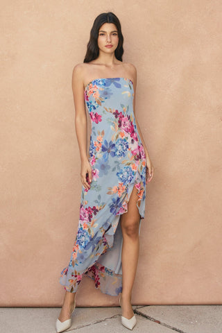 Garden Promenade Strapless Ruffled Slit Maxi Dress - Simply Me Boutique