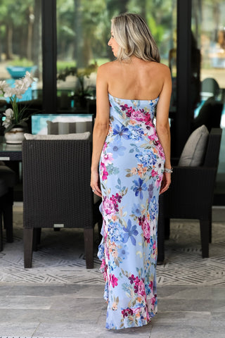 Garden Promenade Strapless Ruffled Slit Maxi Dress - Simply Me Boutique