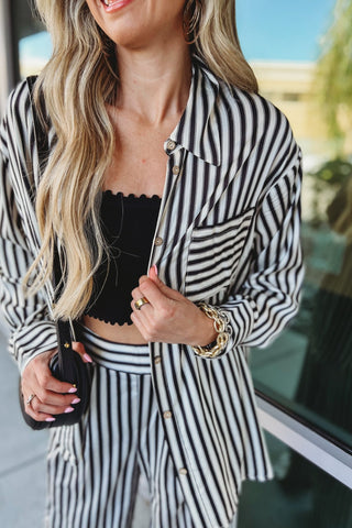 Girl Bossing Satin Striped Button Down Top - Simply Me Boutique