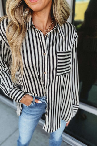 Girl Bossing Satin Striped Button Down Top - Simply Me Boutique