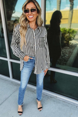 Girl Bossing Satin Striped Button Down Top - Simply Me Boutique