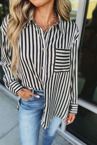 Girl Bossing Satin Striped Button Down Top - Simply Me Boutique