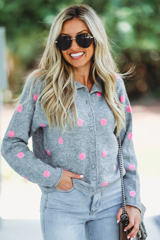 Grey Pink Polka Dot Cropped Cardigan Sweater - Simply Me Boutique