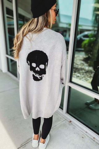 Grey Skull Print Sweater Cardigan - Simply Me Boutique