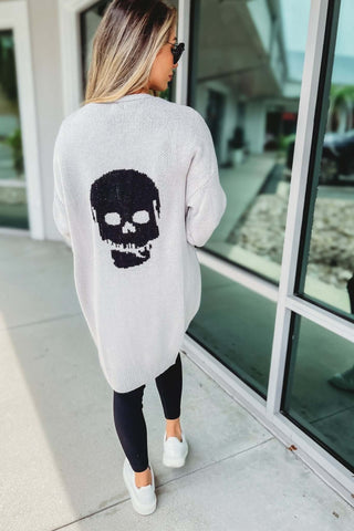 Grey Skull Print Sweater Cardigan - Simply Me Boutique