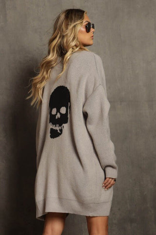 Grey Skull Print Sweater Cardigan - Simply Me Boutique