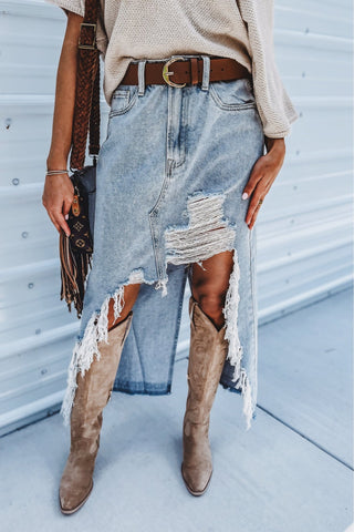 Harper High Rise Ripped Rigid Cotton Denim Skirt - Simply Me Boutique