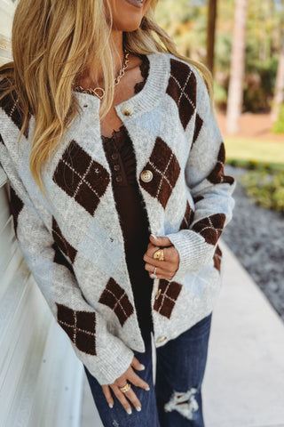 Harvest Moon Argyle Grey Cardigan - Simply Me Boutique