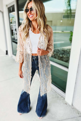 Here for the Party 3/4 Bell Sleeve Sequin Kimono - Simply Me Boutique