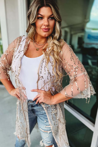 Here for the Party 3/4 Bell Sleeve Sequin Kimono - Simply Me Boutique