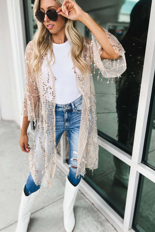 Here for the Party 3/4 Bell Sleeve Sequin Kimono - Simply Me Boutique