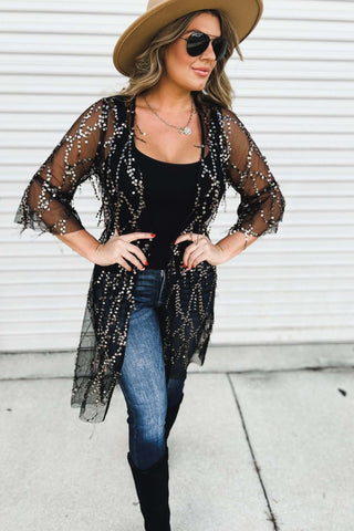 Here for the Party 3/4 Bell Sleeve Sequin Kimono - Simply Me Boutique