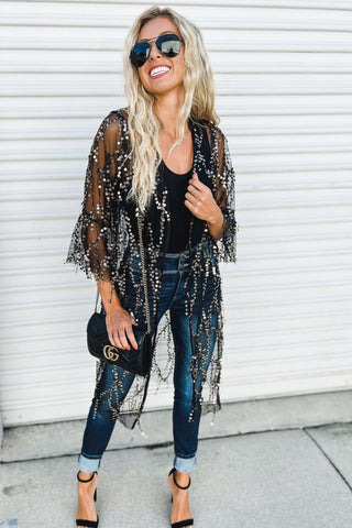 Here for the Party 3/4 Bell Sleeve Sequin Kimono - Simply Me Boutique