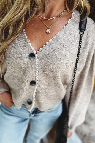 Hint of Lace Mocha Skimmer Length Cardigan - Simply Me Boutique