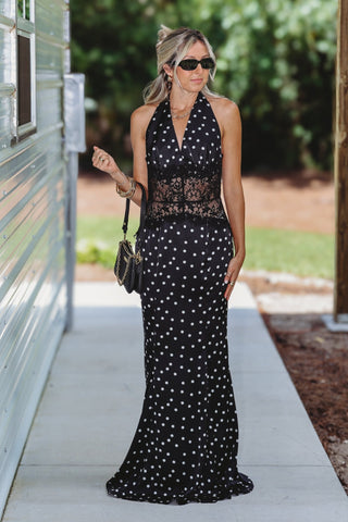 Hollywood Glam Polka Dot Halter Maxi Dress - Simply Me Boutique