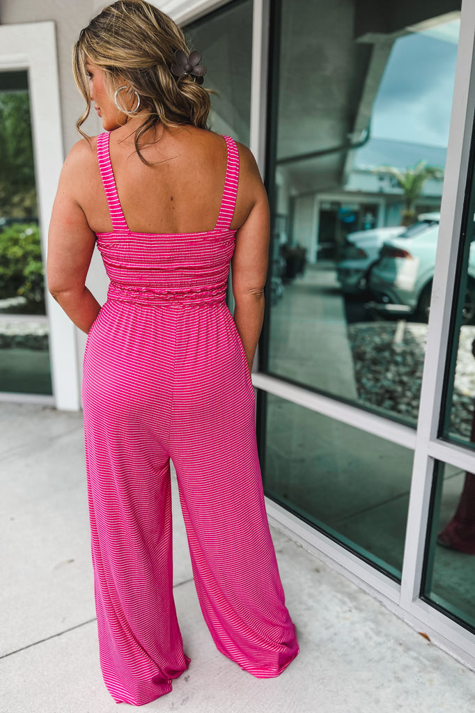 (More colors) Give It Your All Smocked Striped Jumpsuit