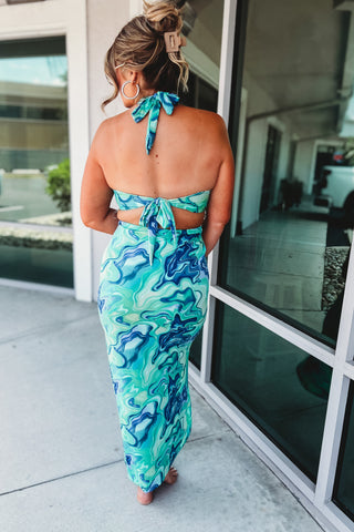 Captivating Swirls Tie Dye Blue Cutout Maxi Dress