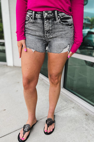 PETRA Kaylee High Rise Grey Acid Wash Denim Shorts