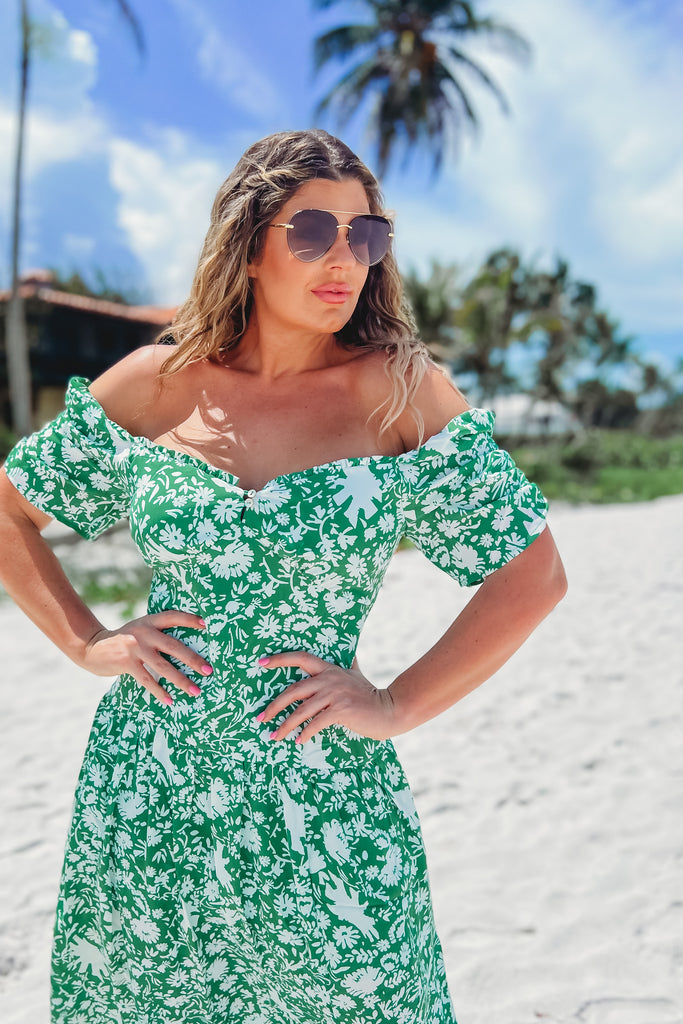 Chic in Floral Green Puff Sleeve Midi Dress