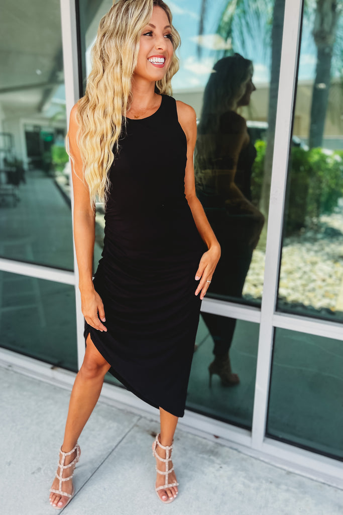 The Smile on Your Face Side Ruched Black Midi Dress