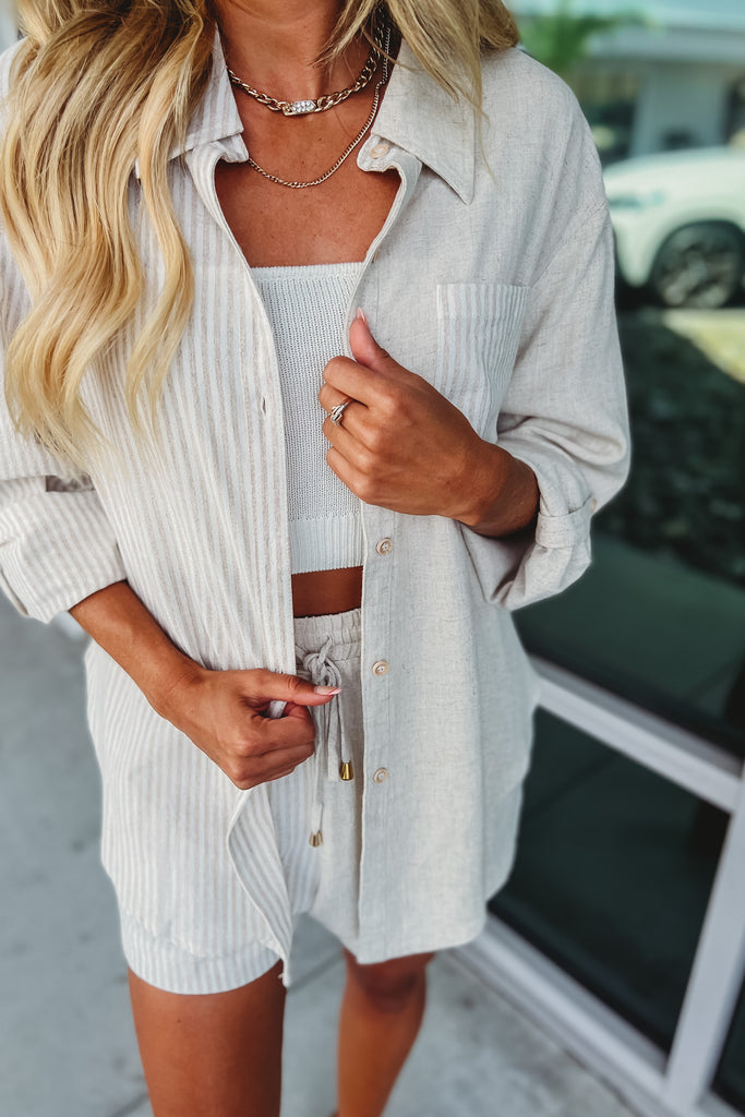Forever Neutral Colorblock Striped Linen Button Front Shirt