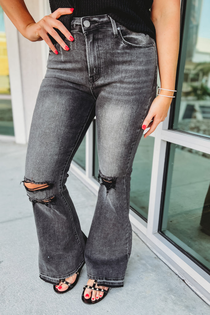 Sofia High Rise Charcoal Distressed Flare Jeans