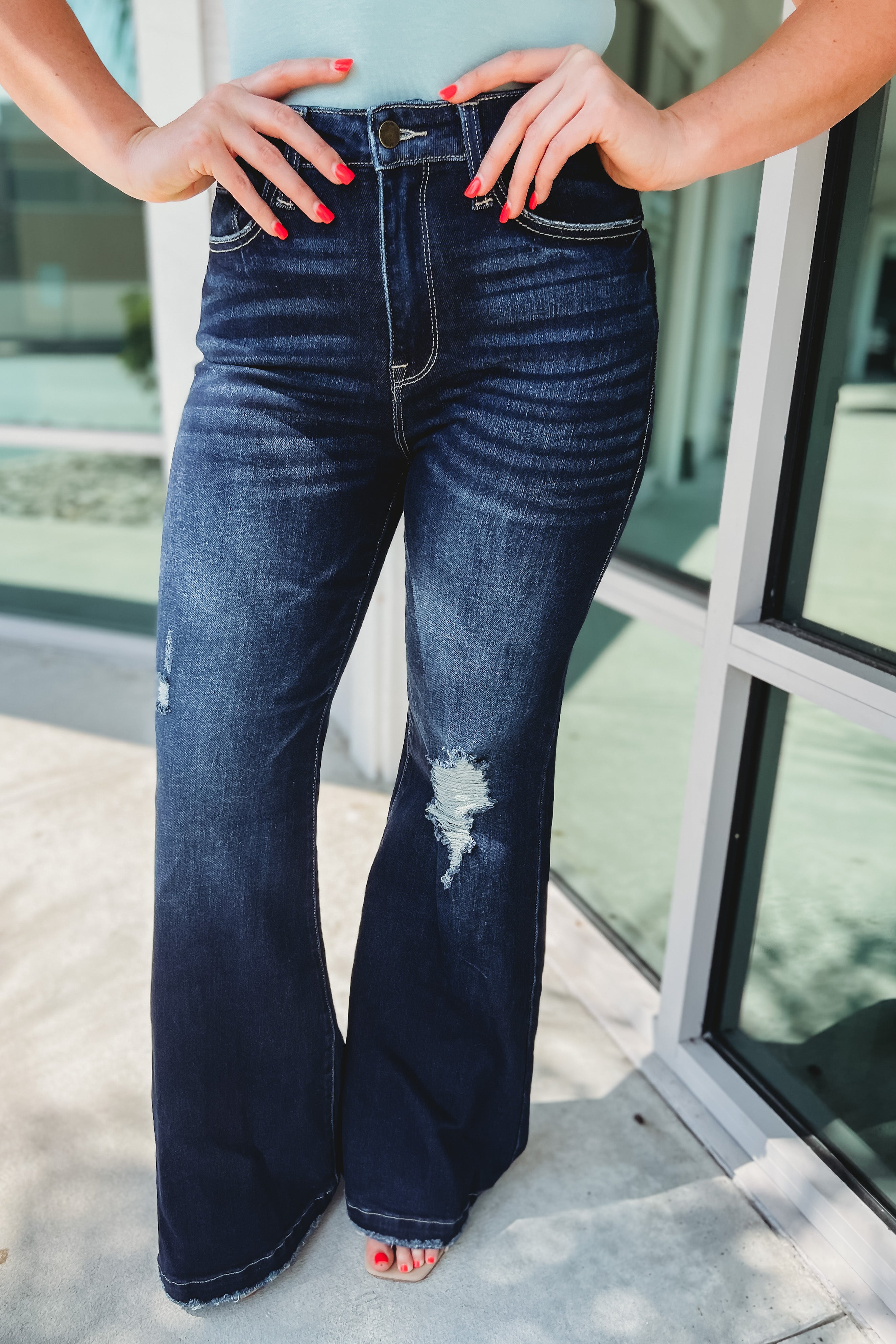Moonlight Mile High-Rise Seamless Waistband Distressed Flare Jeans