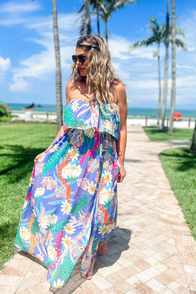 Island Escape Tropical Blue Strapless Maxi Dress