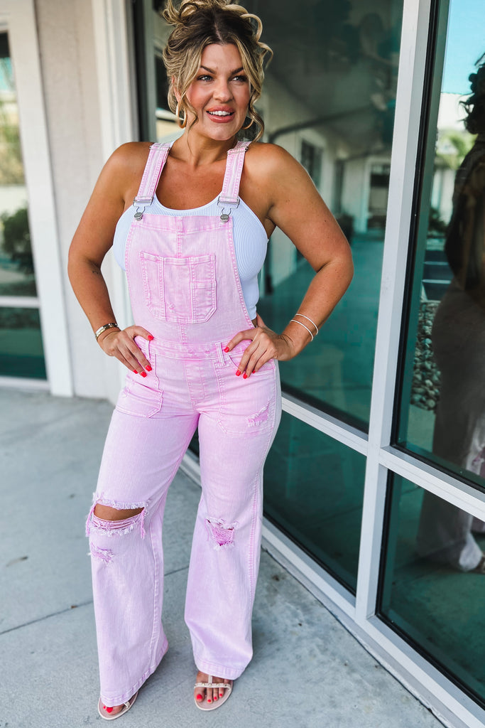 Trisha Wide Leg Acid Wash Pink Overalls
