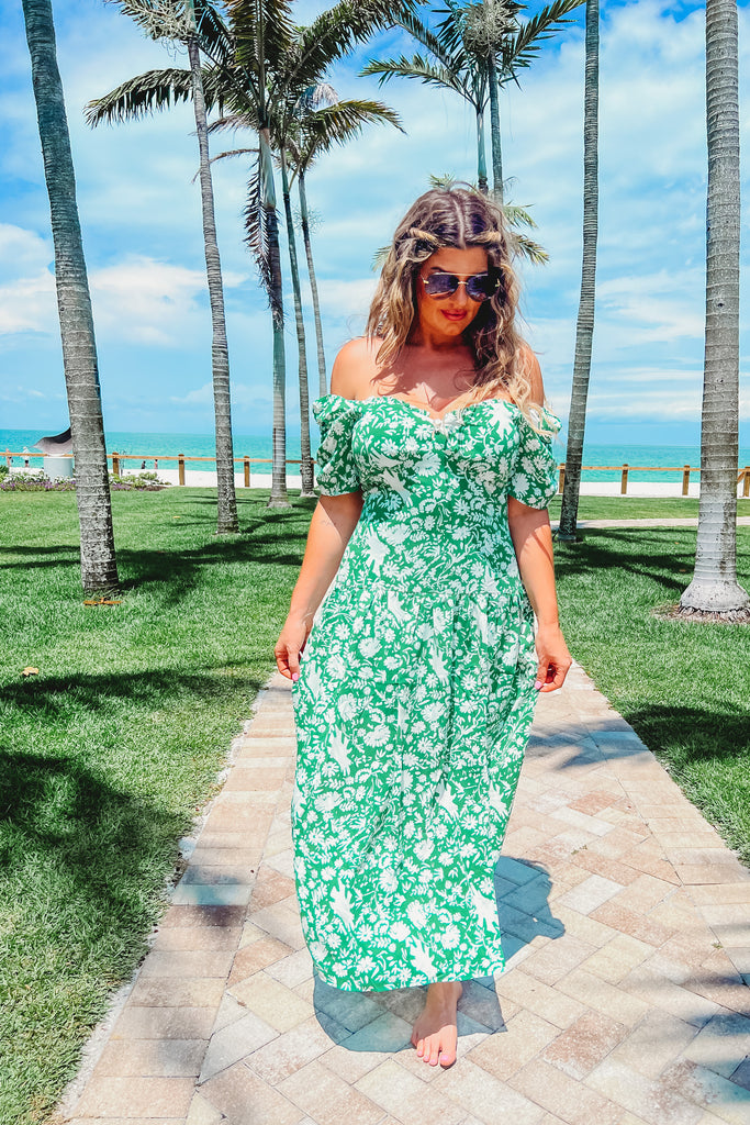 Chic in Floral Green Puff Sleeve Midi Dress