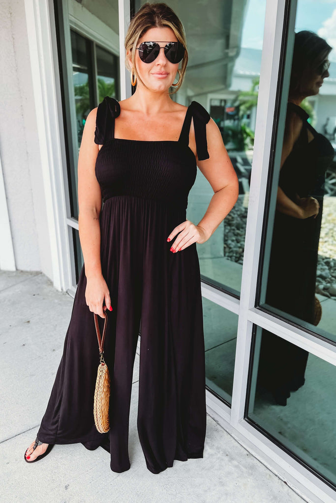 Look My Way Wide Leg Tie Strap Black Jumpsuit