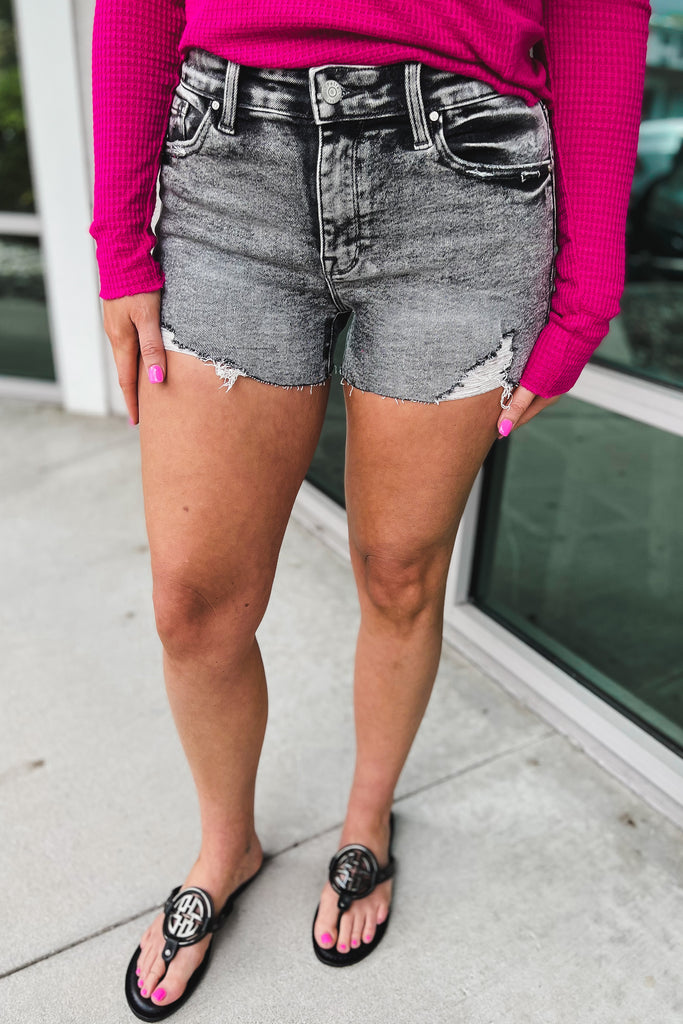Kaylee High Rise Grey Acid Wash Denim Shorts
