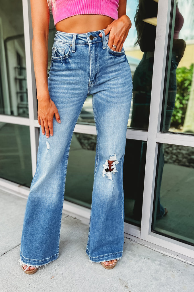 Candace Super High Rise Distressed Flare Jeans