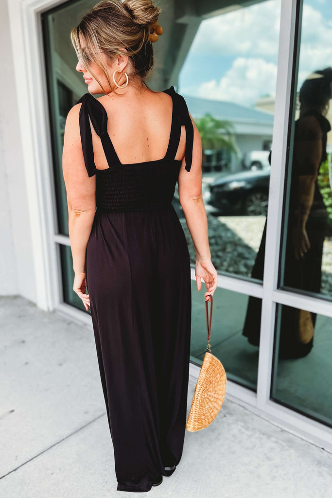 Look My Way Wide Leg Tie Strap Black Jumpsuit